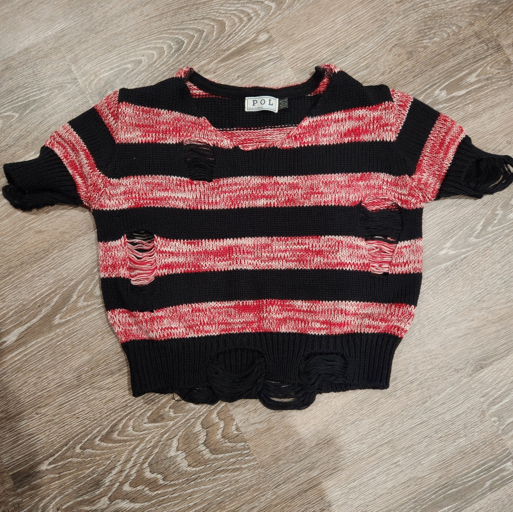 Pol Red And Black Distressed Striped Sweater
